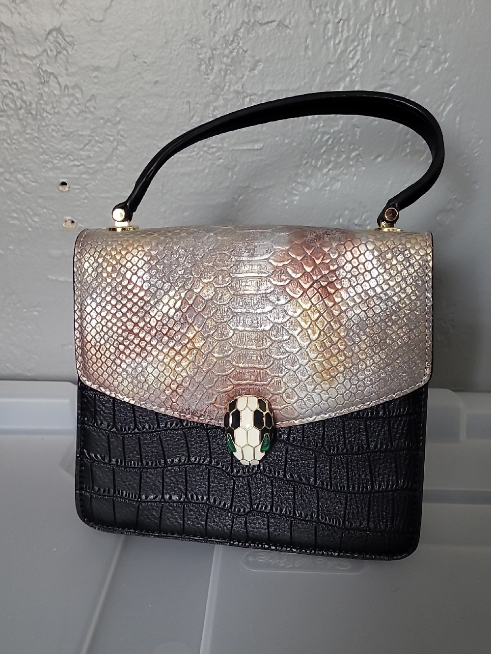 Snake-Scale Accent Top-Handle Shoulder Bag - Black and Iridescent